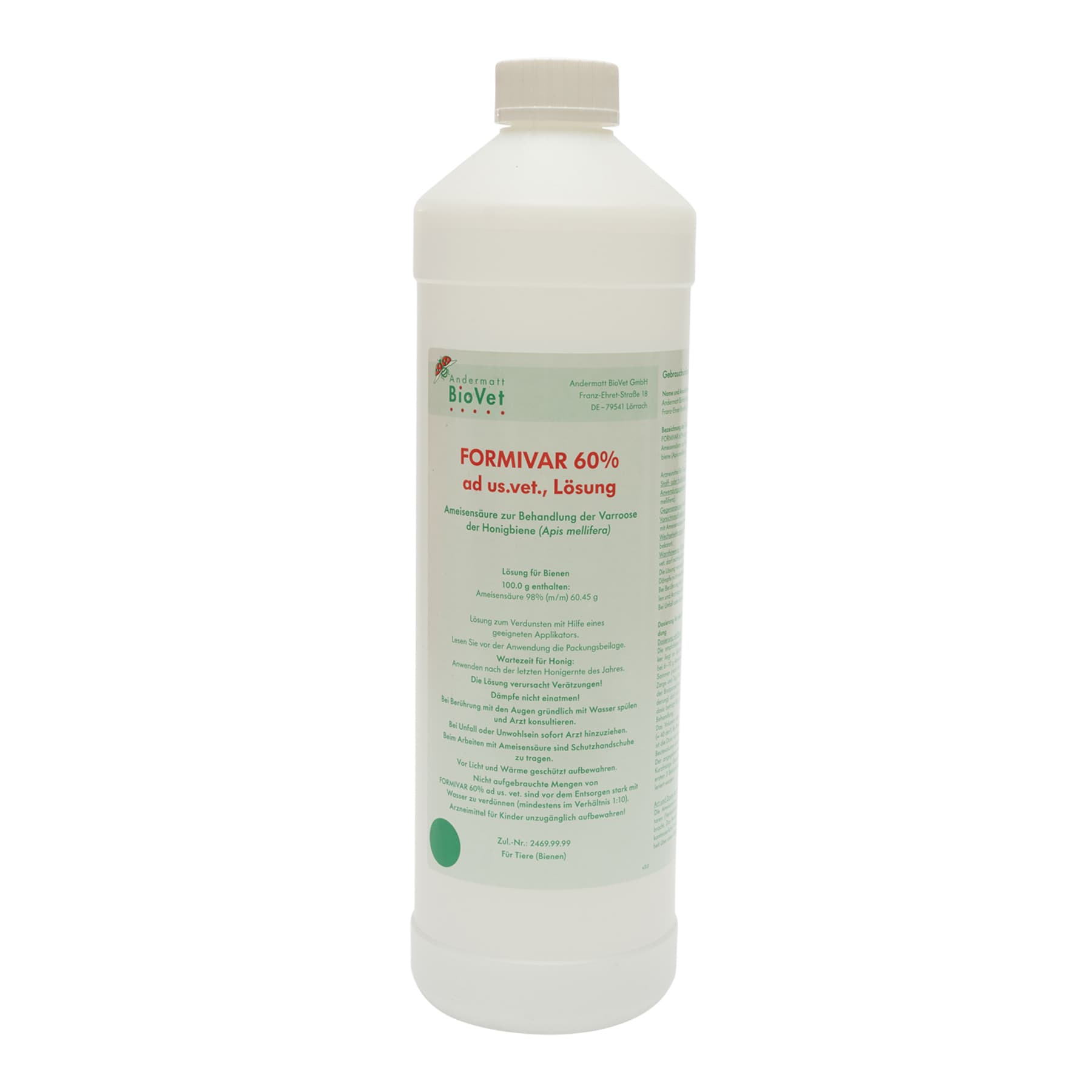 Ameisensäure 60 %  ad us. vet. Liter, Formivar Kunststoffflasche, (Hersteller Andermatt BioVet GmbH) wegen Gefahrgut nur zur Selbstabholung