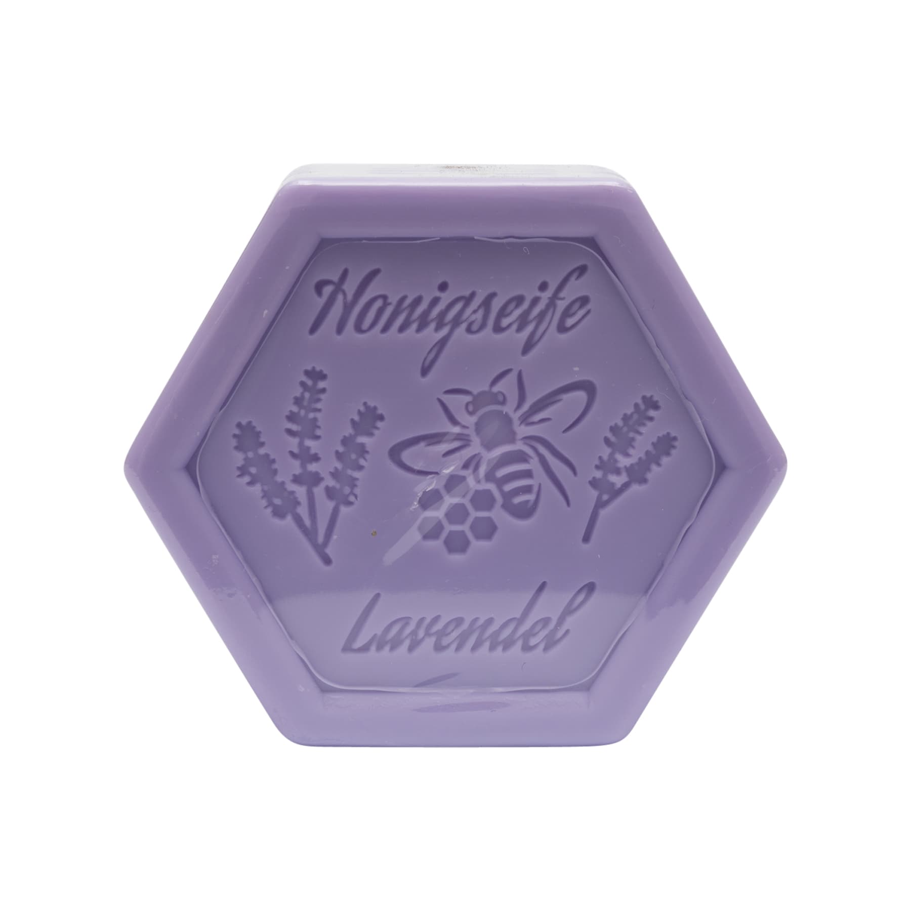 Honigseife mit Lavendel 100 g in Sechseckform, foliert und etikettiert