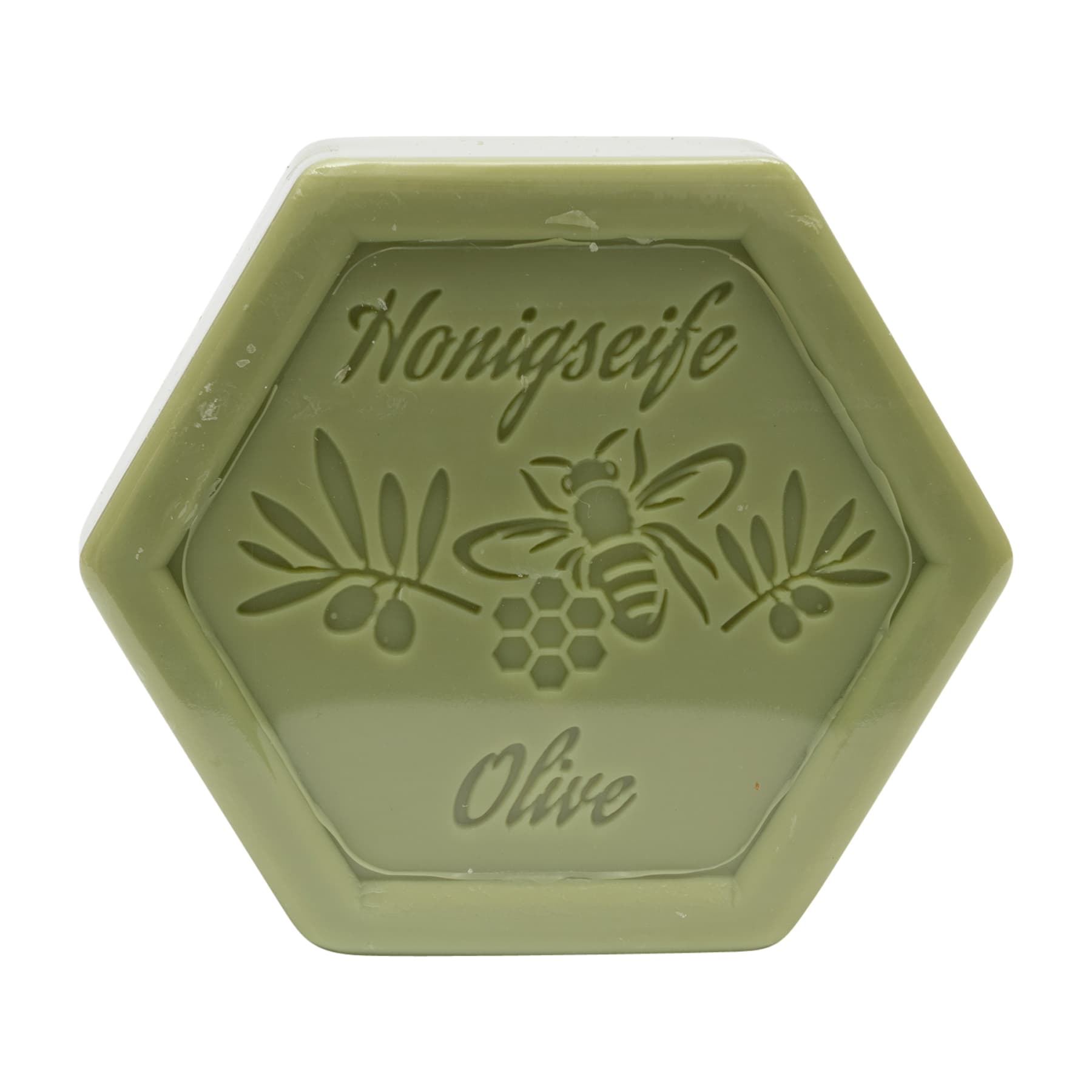 Honigseife mit Olive 100 g in Sechseckform, foliert und etikettiert