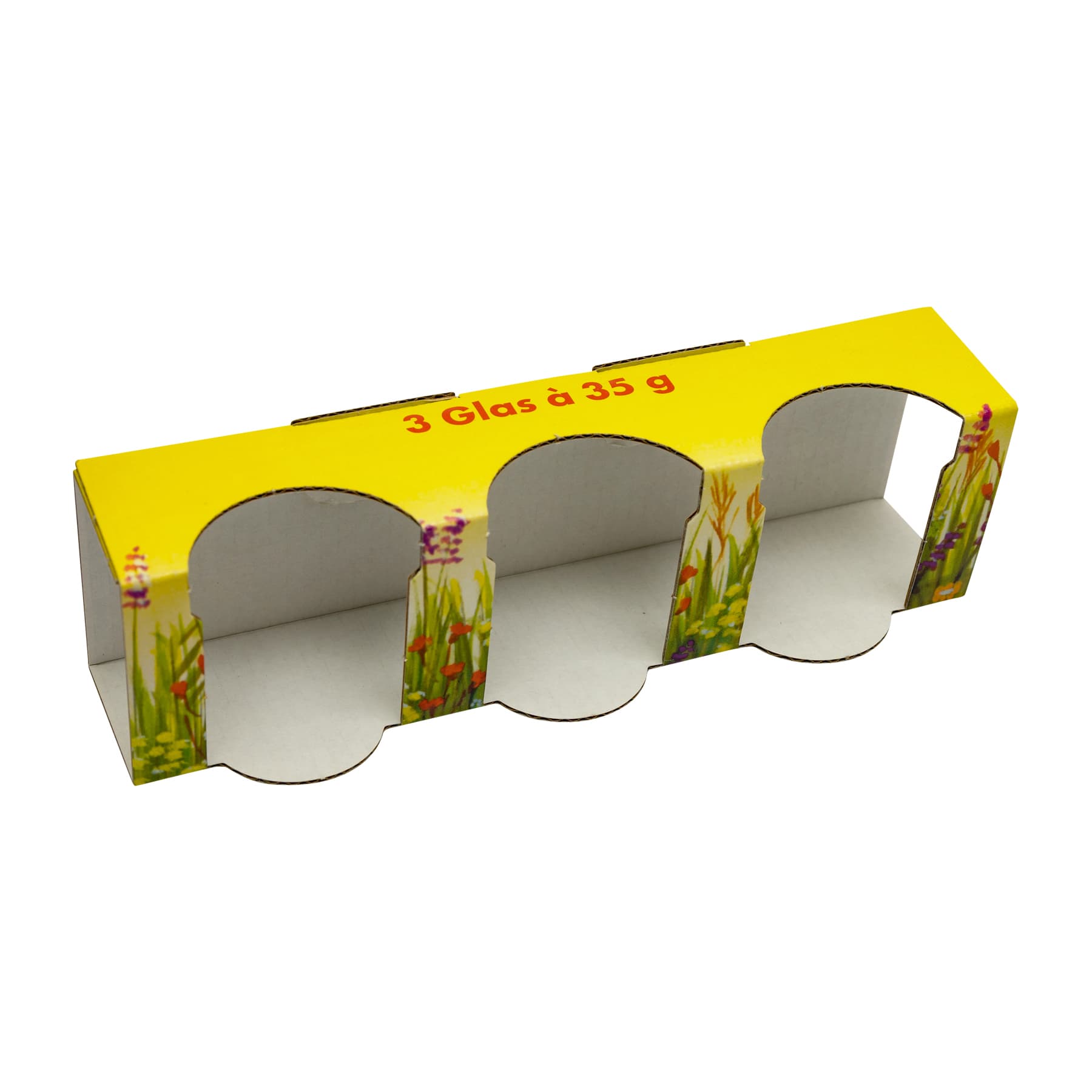 Kartonverpackung Blumenwiese  für 3 x 35 g Honigglas