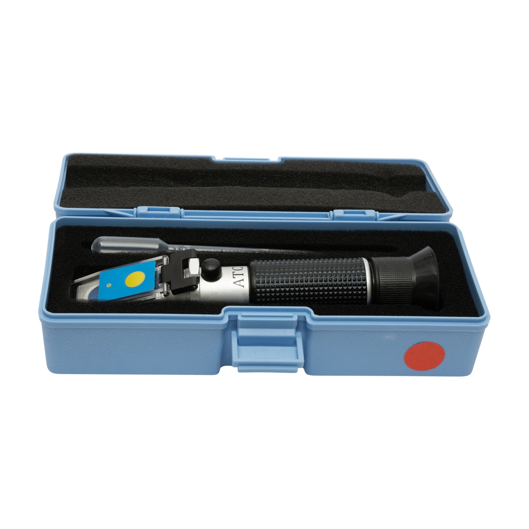 Honigrefraktometer mit LED-Beleuchtung und  ATC in grau-blauem gut schützendem Kunststoff-Etui